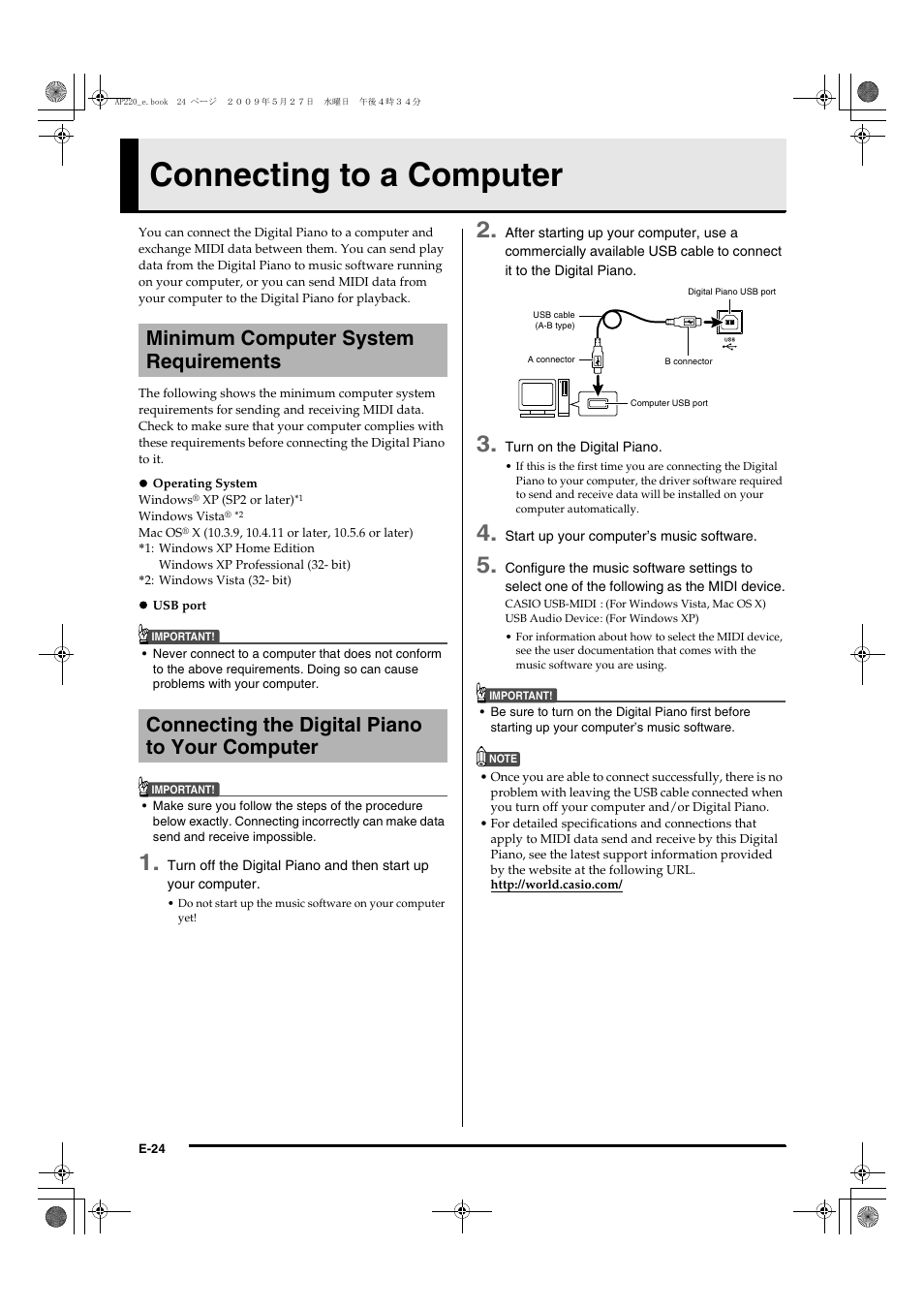 Connecting to a computer, Minimum computer system requirements, Connecting the digital piano to your computer | Casio Celviano AP-220 User Manual | Page 26 / 39