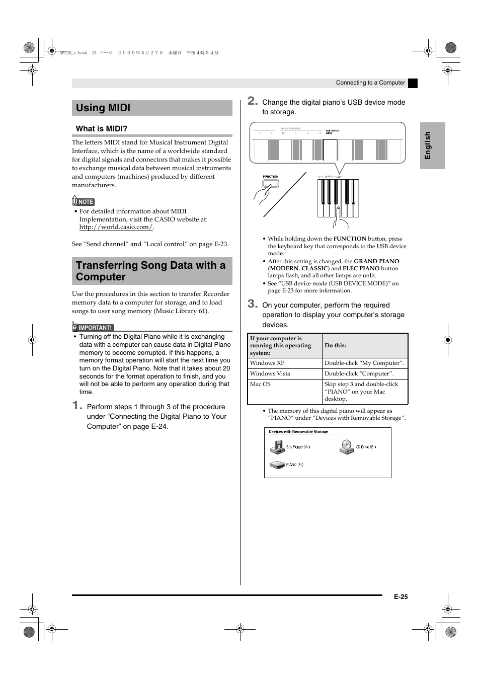 Using midi transferring song data with a computer | Casio Celviano AP-220 User Manual | Page 27 / 39