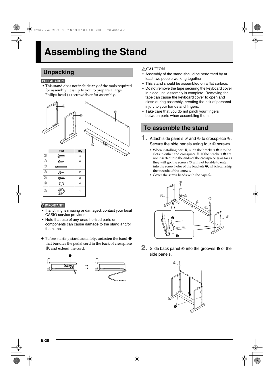 Assembling the stand, Unpacking | Casio Celviano AP-220 User Manual | Page 30 / 39