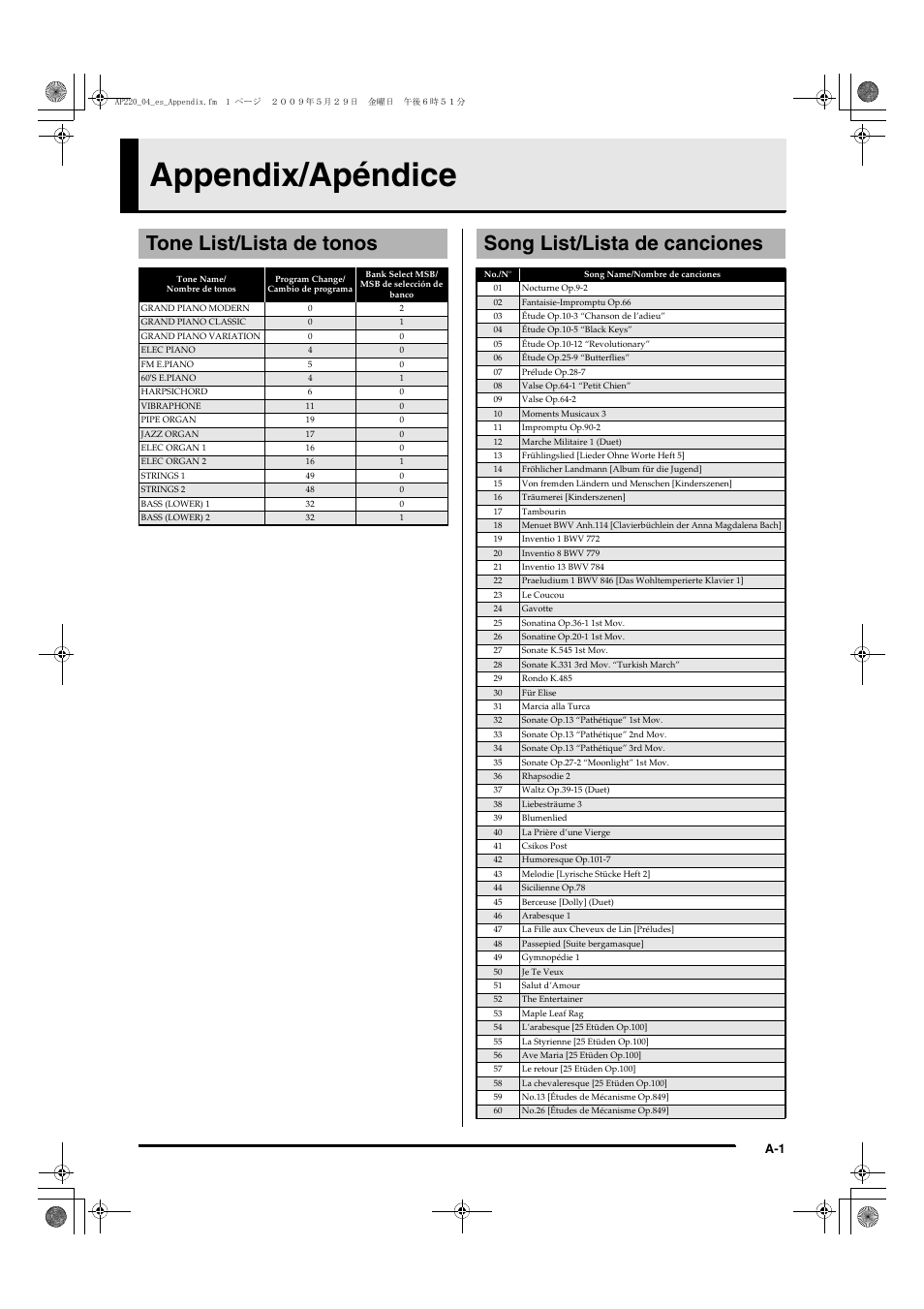 Appendix/apéndice, Tone list/lista de tonos, Song list/lista de canciones | Casio Celviano AP-220 User Manual | Page 37 / 39