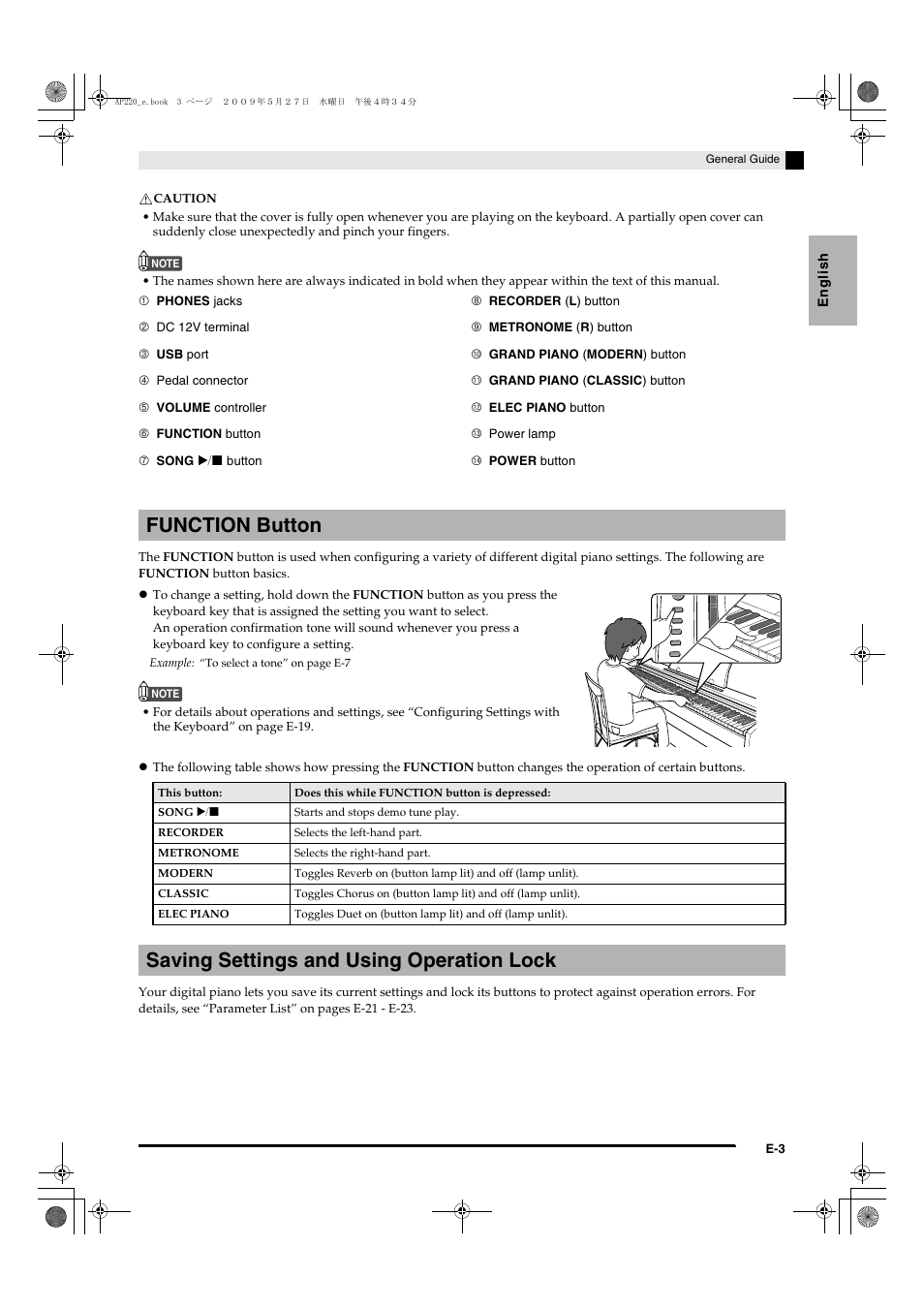 Function button, Saving settings and using operation lock | Casio Celviano AP-220 User Manual | Page 5 / 39