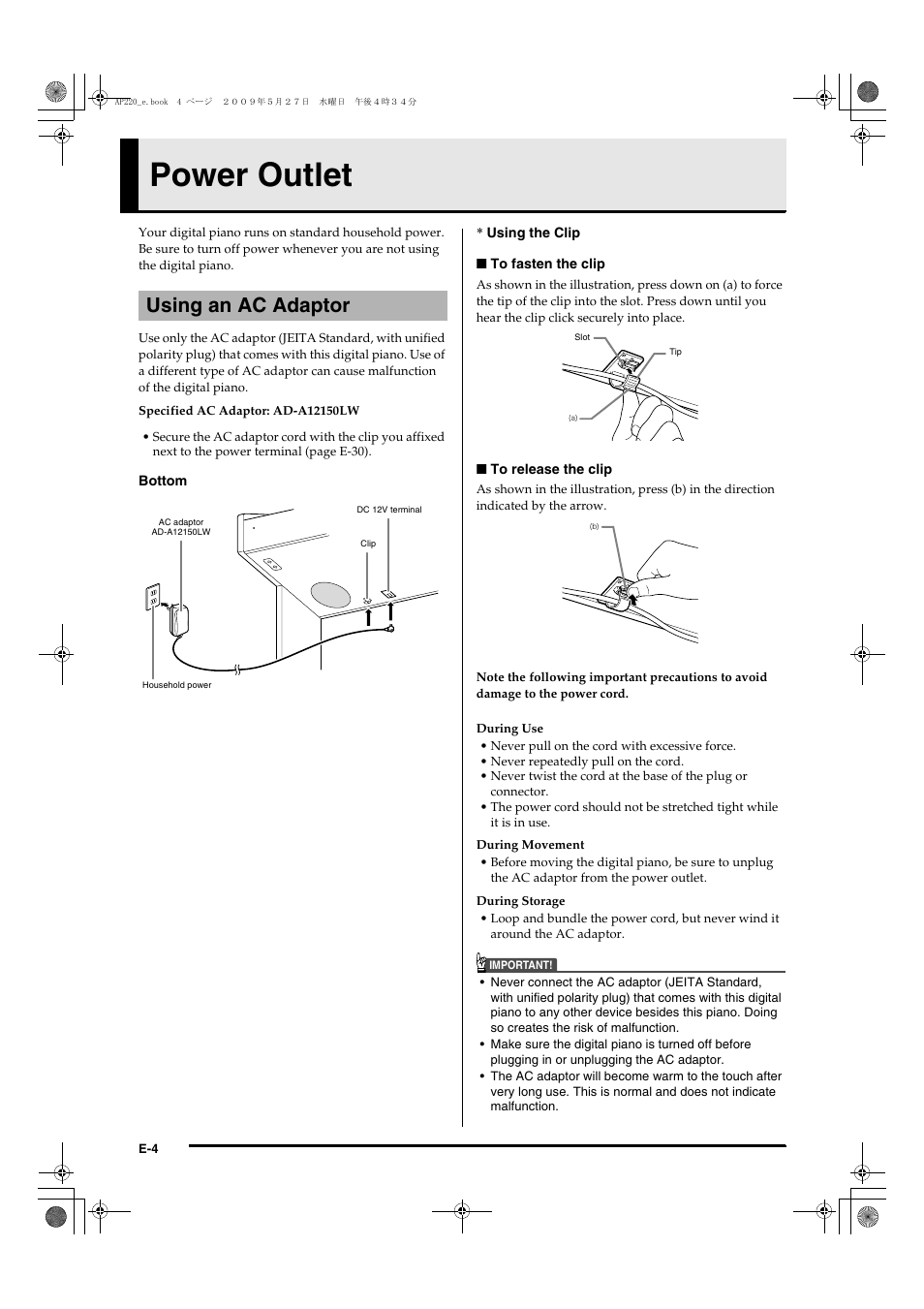 Power outlet, Using an ac adaptor | Casio Celviano AP-220 User Manual | Page 6 / 39