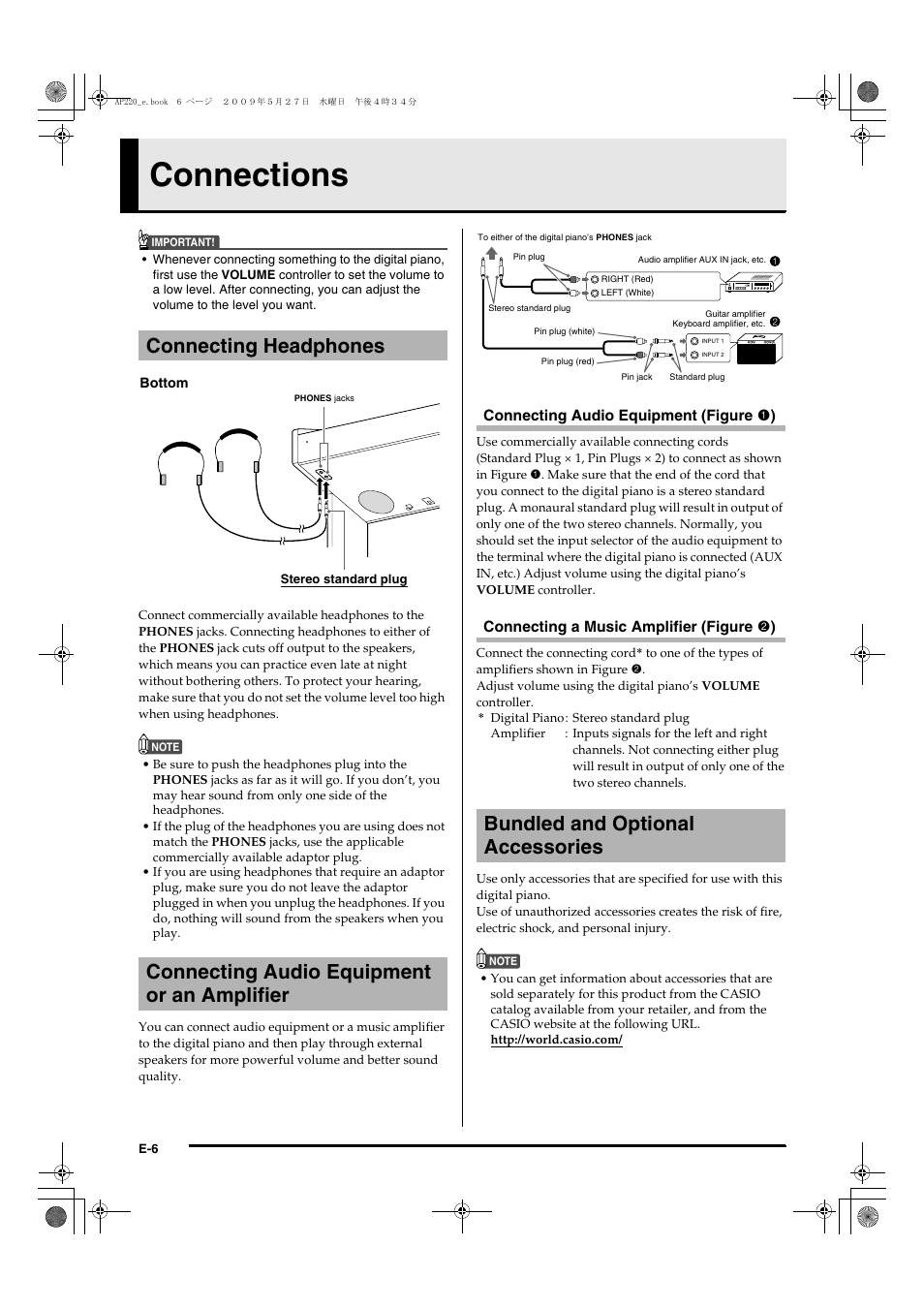Connections, Bundled and optional accessories | Casio Celviano AP-220 User Manual | Page 8 / 39