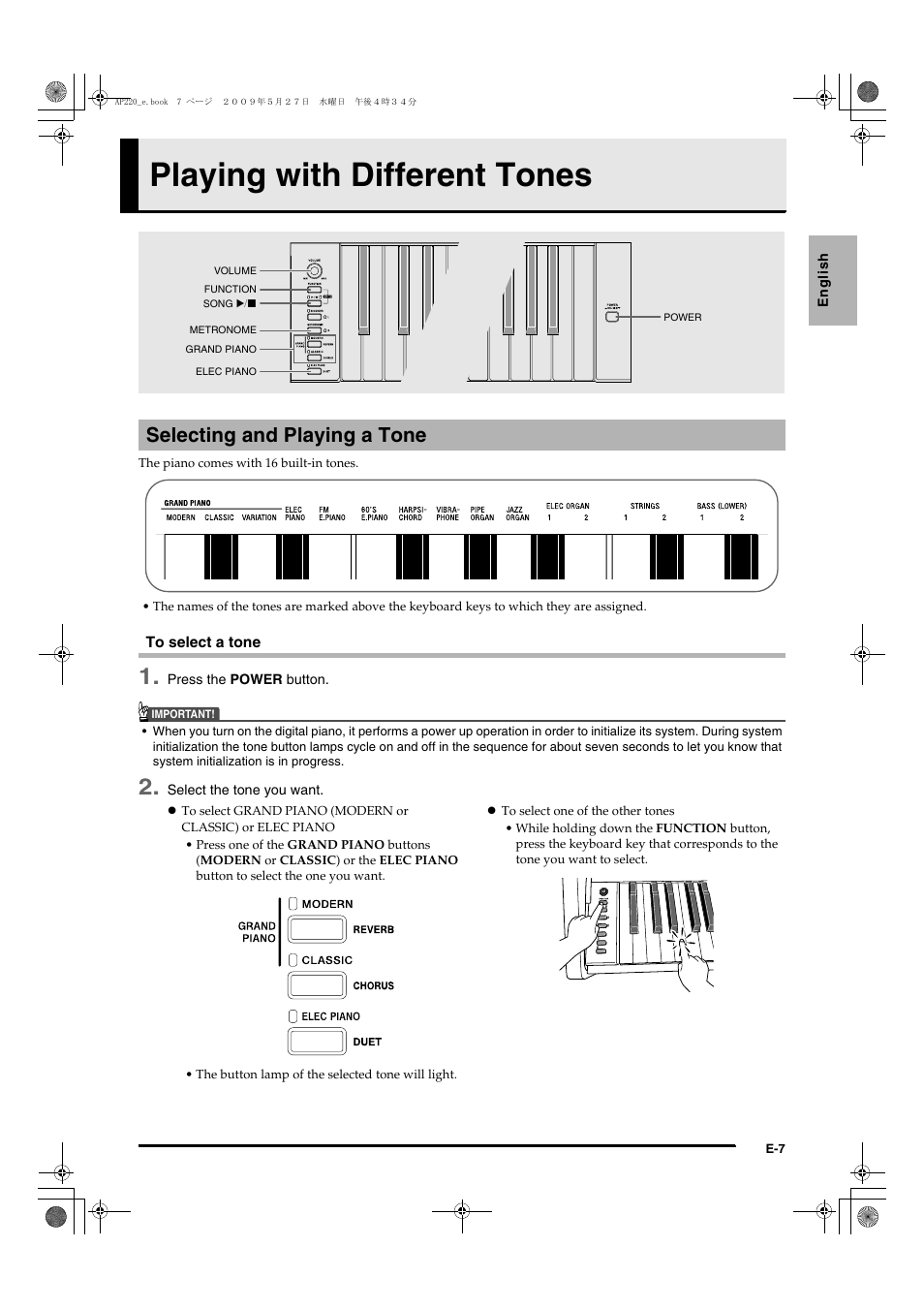 Playing with different tones, Selecting and playing a tone | Casio Celviano AP-220 User Manual | Page 9 / 39