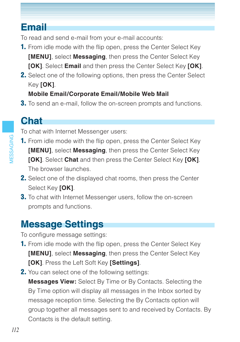 Email, Chat, Message settings | Casio G'zOne Brigade User Manual | Page 113 / 208