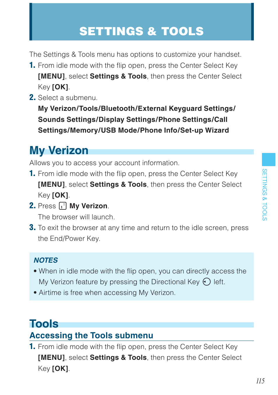 My verizon, Tools, Settings & tools | Casio G'zOne Brigade User Manual | Page 116 / 208