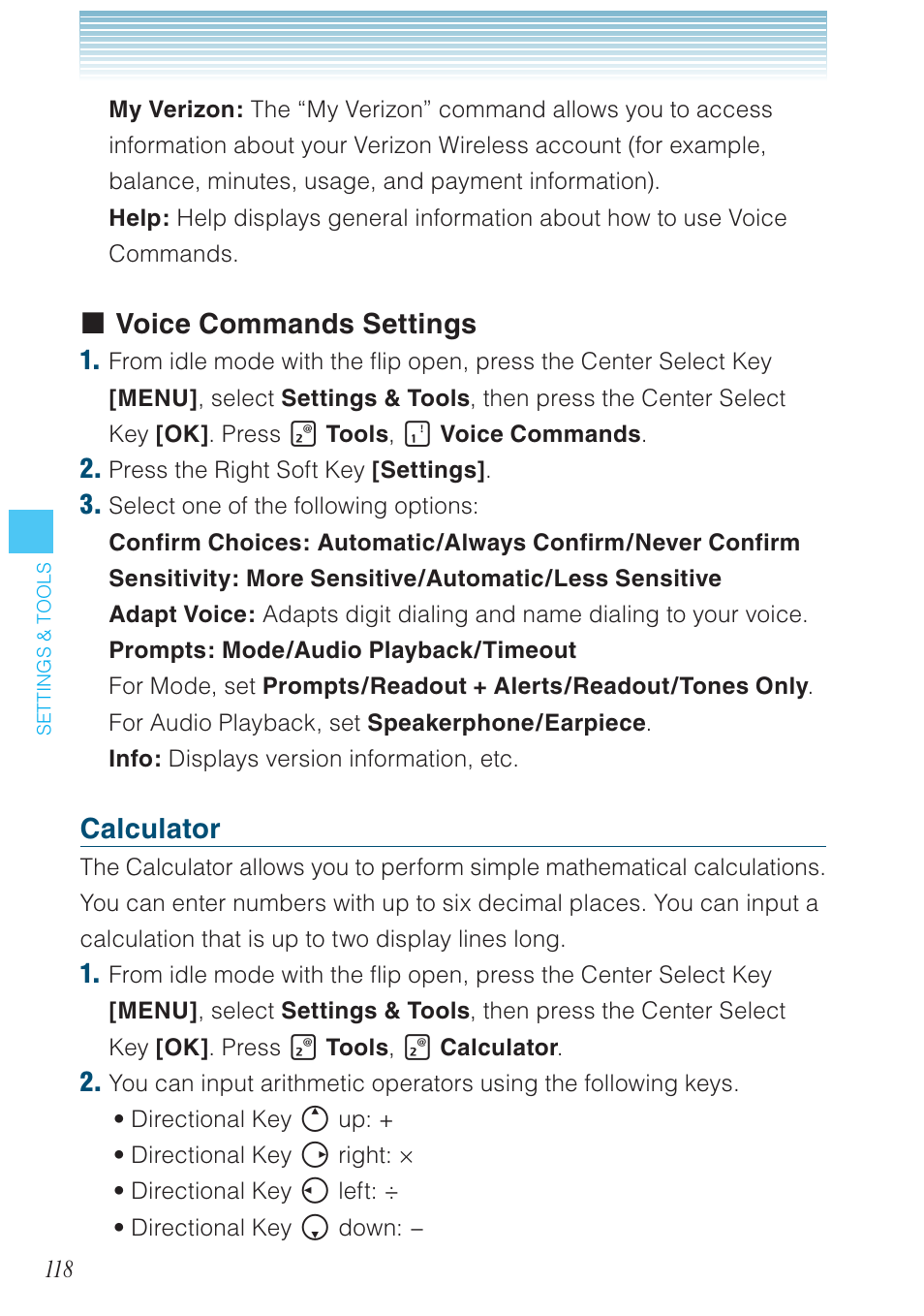 Voice commands settings, Calculator | Casio G'zOne Brigade User Manual | Page 119 / 208