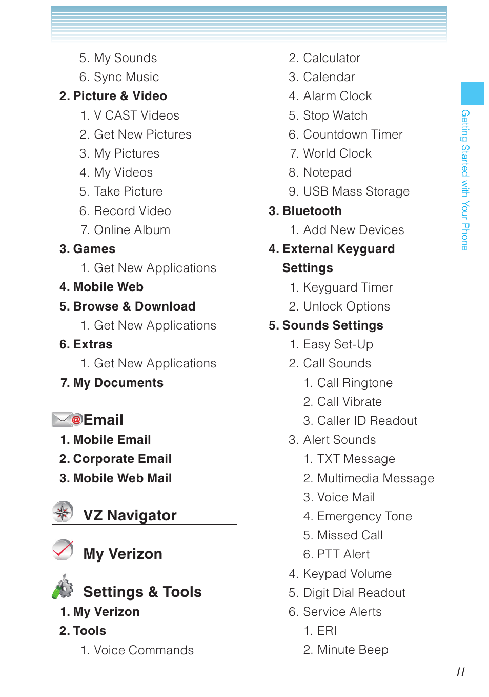 Email, Vz navigator my verizon settings & tools | Casio G'zOne Brigade User Manual | Page 12 / 208