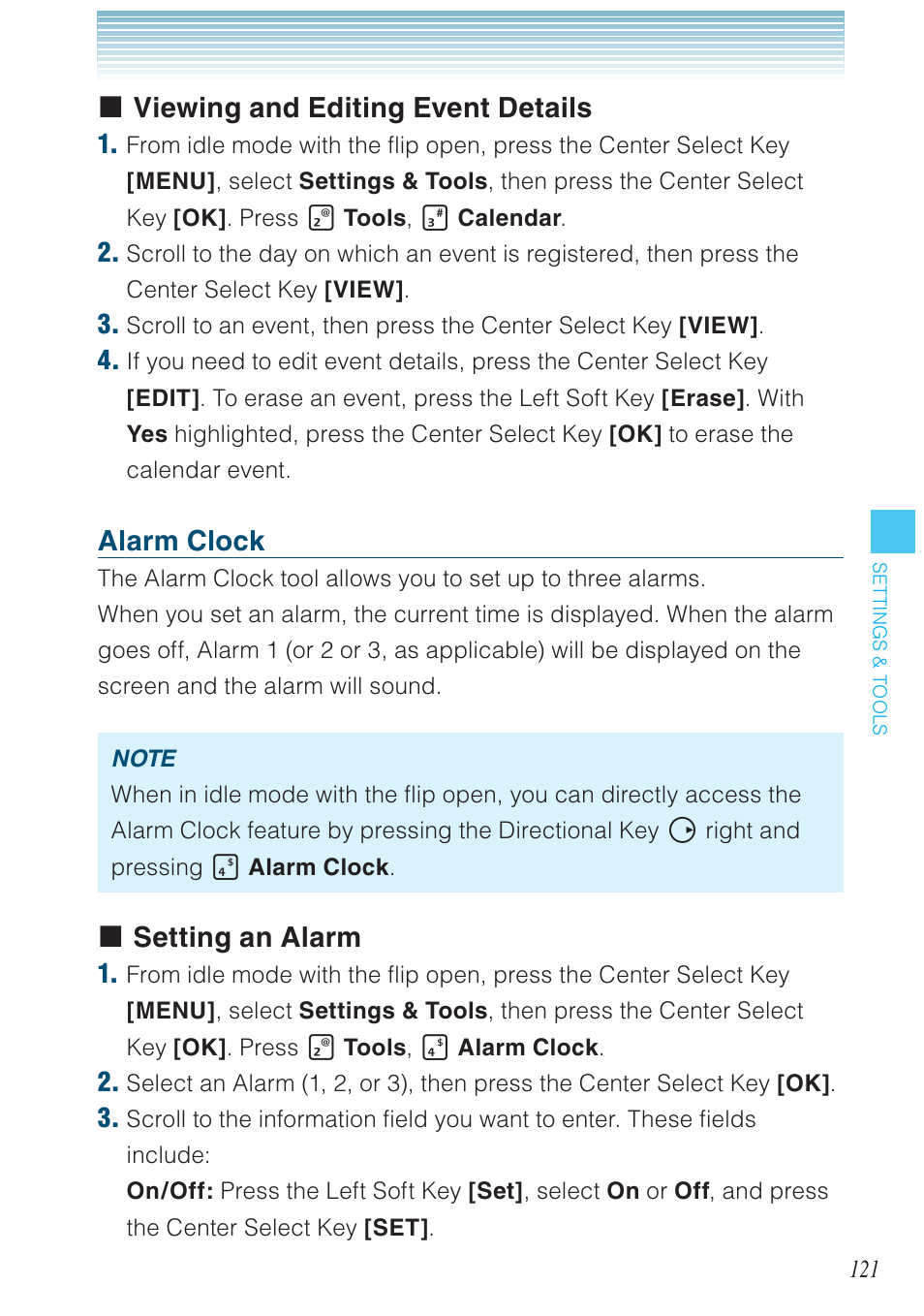 Viewing and editing event details, Alarm clock, Setting an alarm | Casio G'zOne Brigade User Manual | Page 122 / 208
