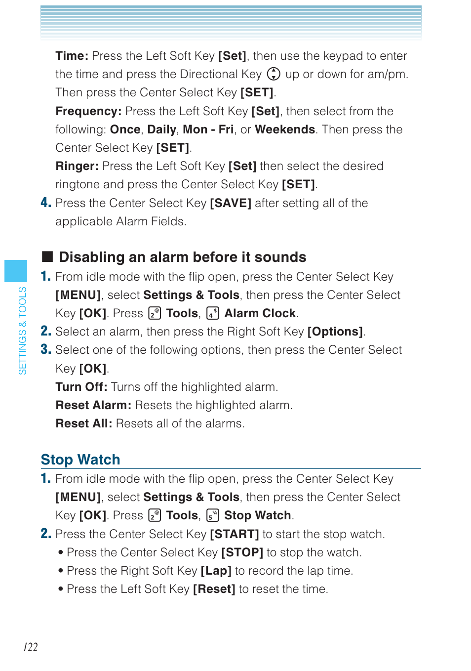 Disabling an alarm before it sounds, Stop watch | Casio G'zOne Brigade User Manual | Page 123 / 208