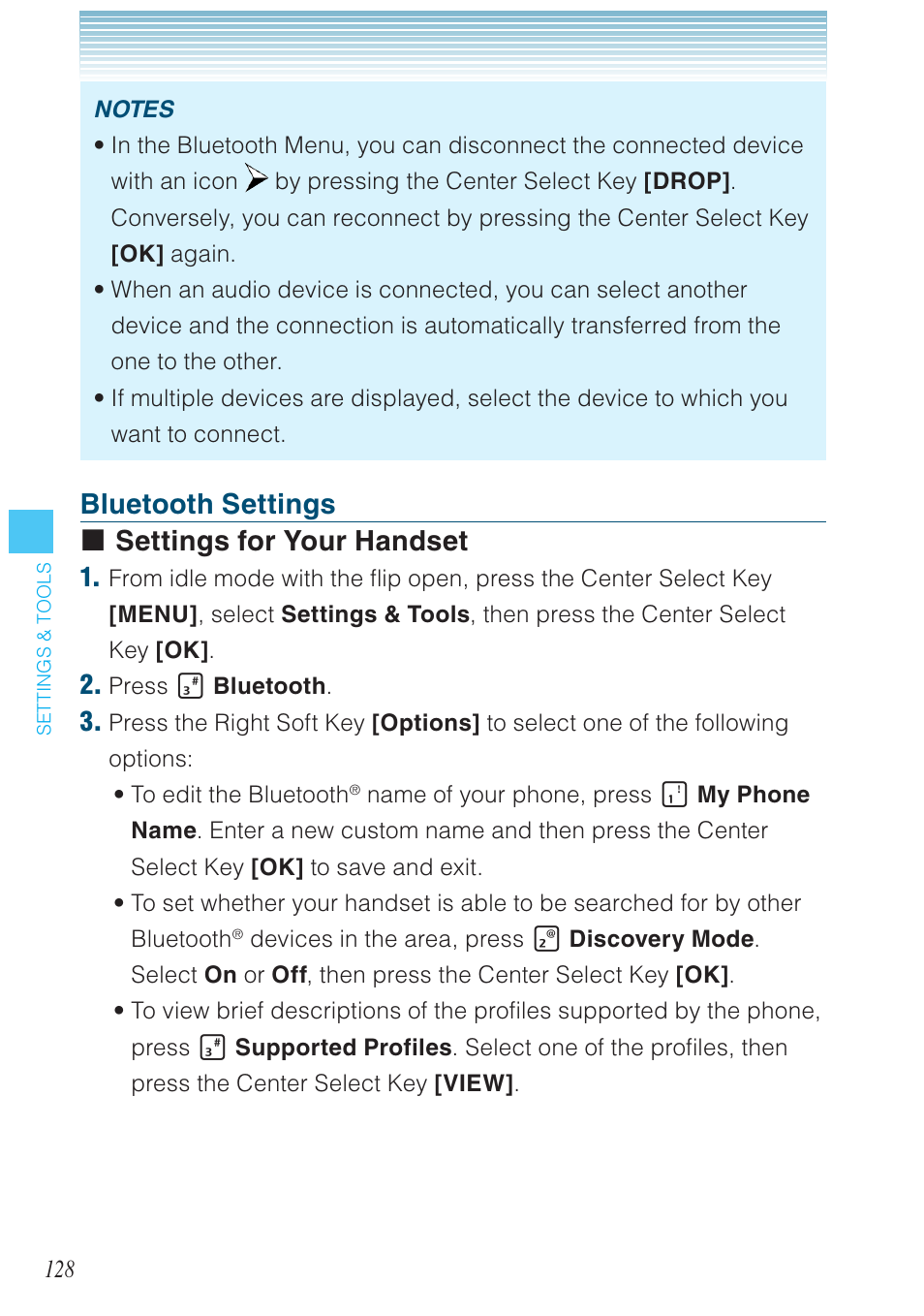 Bluetooth settings settings for your handset | Casio G'zOne Brigade User Manual | Page 129 / 208