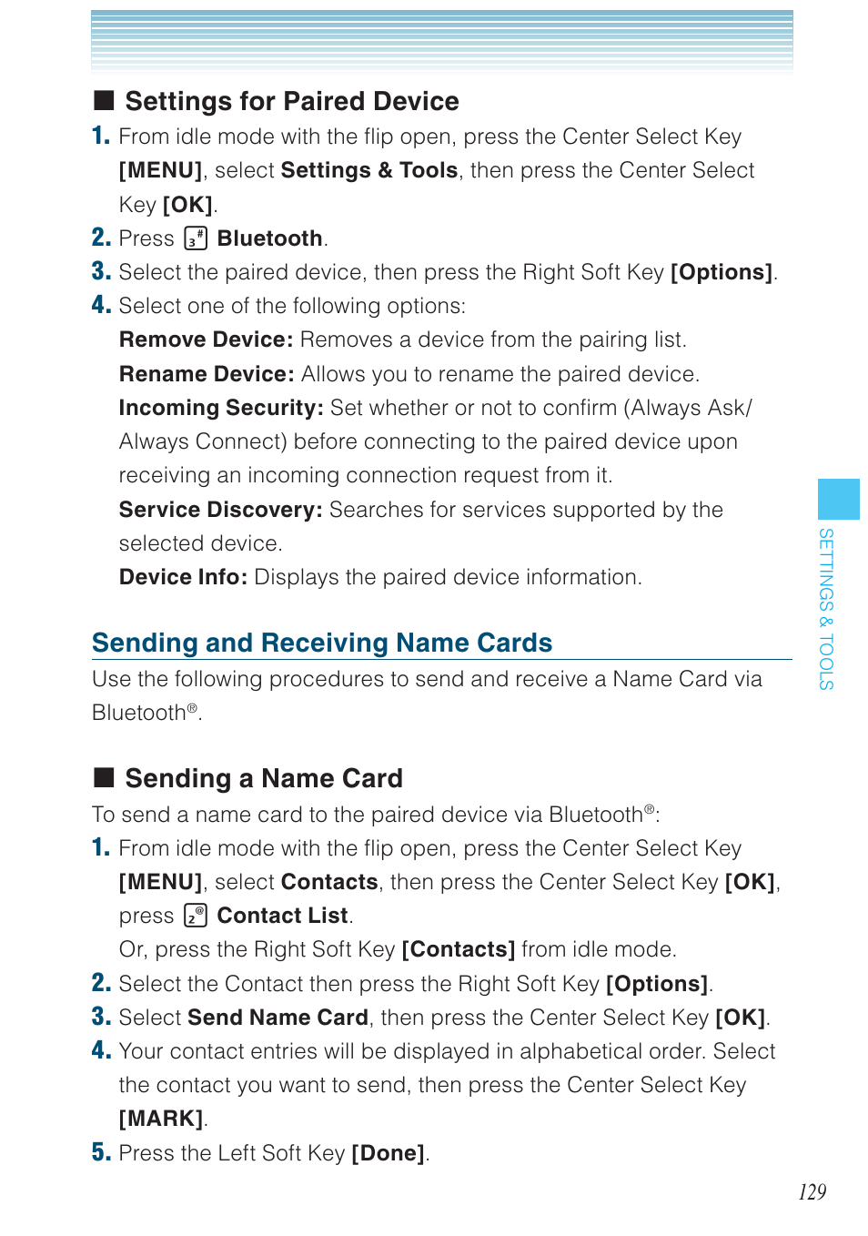 Settings for paired device, Sending and receiving name cards, Sending a name card | Casio G'zOne Brigade User Manual | Page 130 / 208