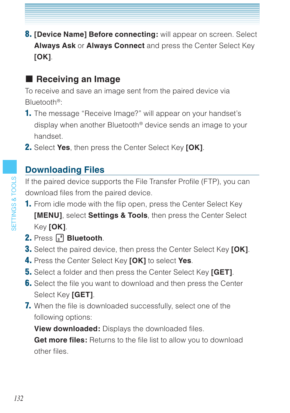 Receiving an image, Downloading files | Casio G'zOne Brigade User Manual | Page 133 / 208