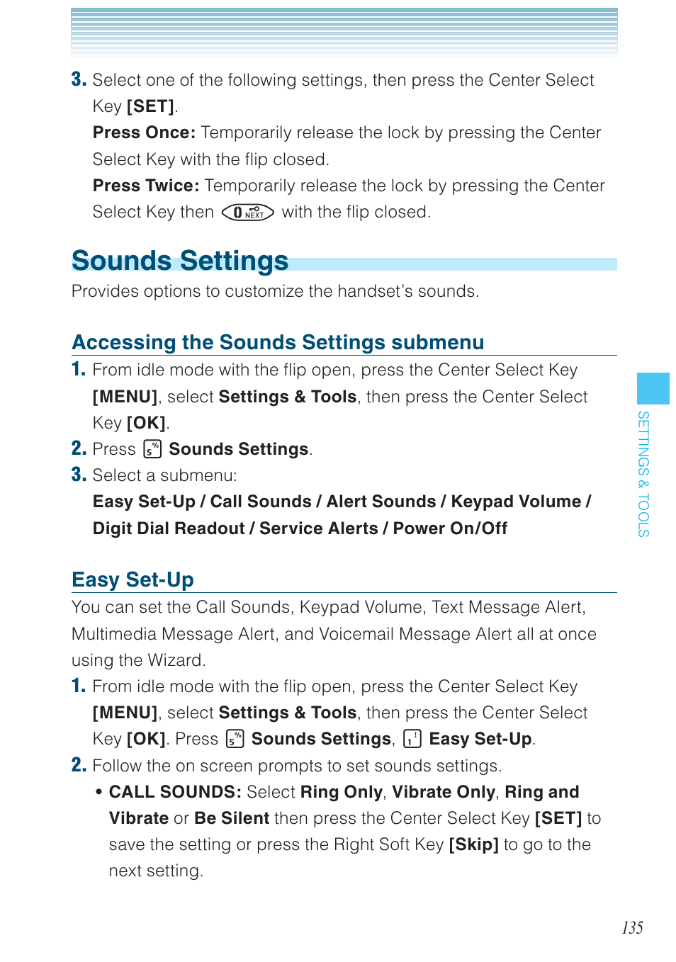 Sounds settings, Accessing the sounds settings submenu, Easy set-up | Casio G'zOne Brigade User Manual | Page 136 / 208