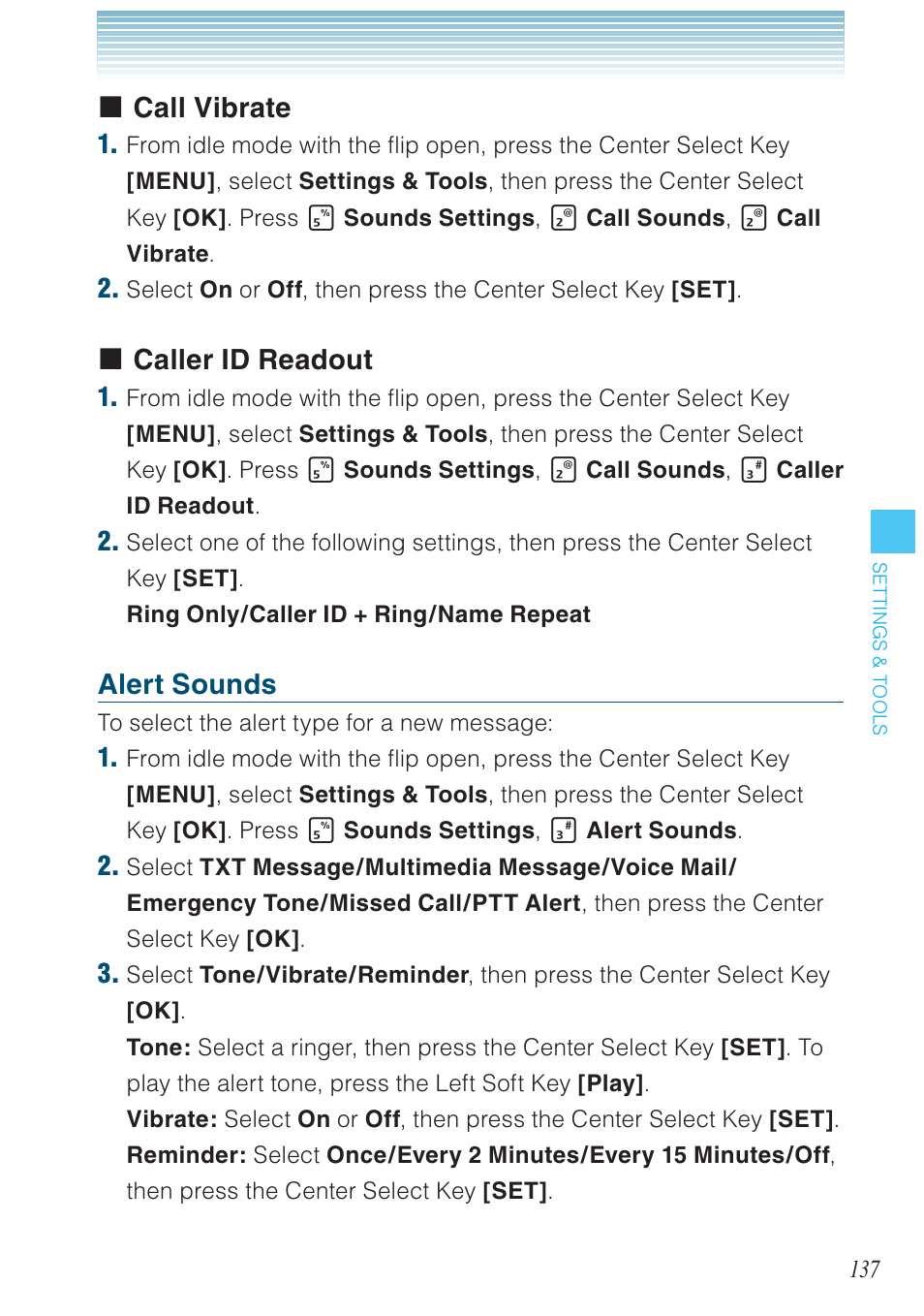 Call vibrate, Caller id readout, Alert sounds | Casio G'zOne Brigade User Manual | Page 138 / 208