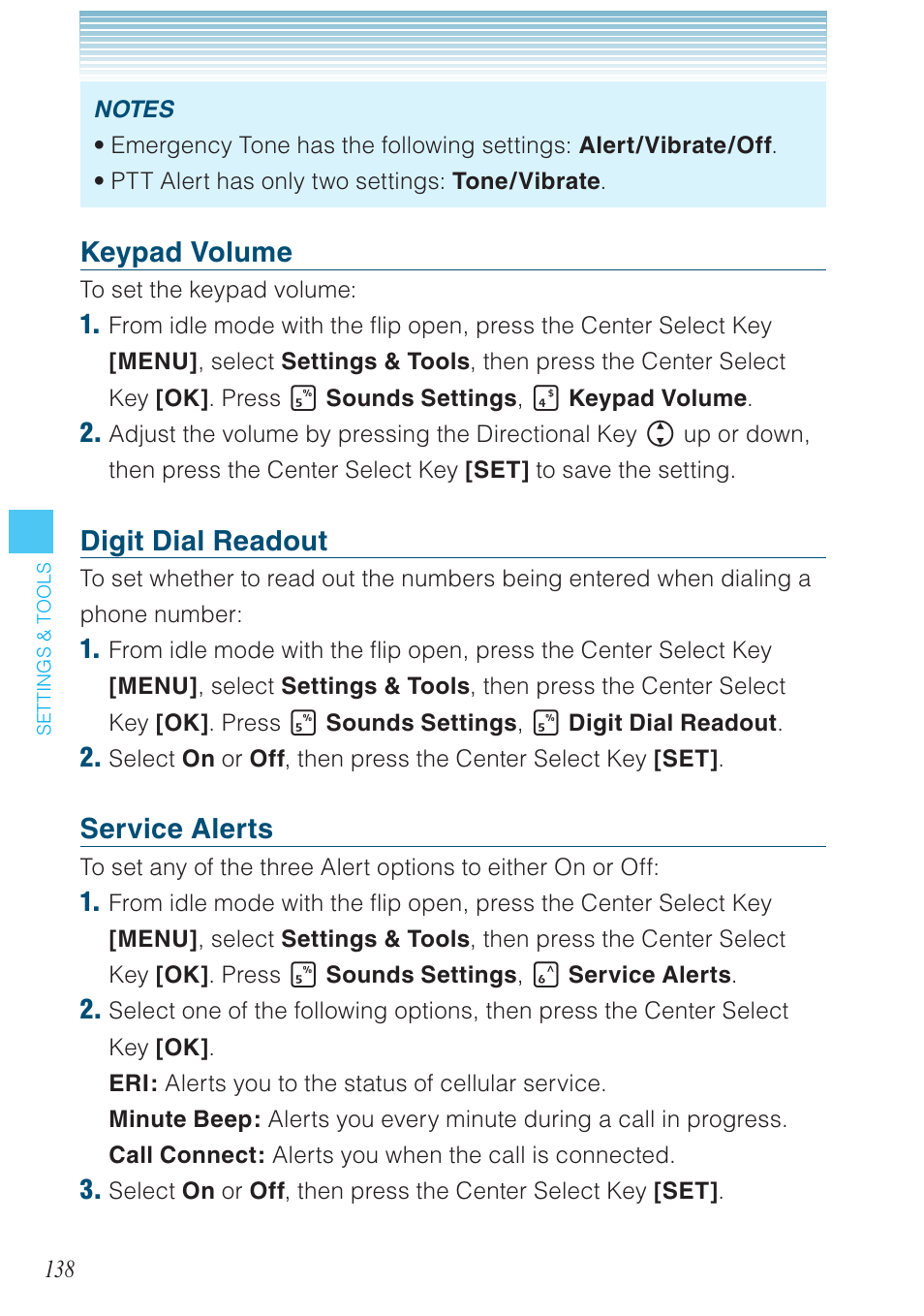 Keypad volume, Digit dial readout, Service alerts | Casio G'zOne Brigade User Manual | Page 139 / 208