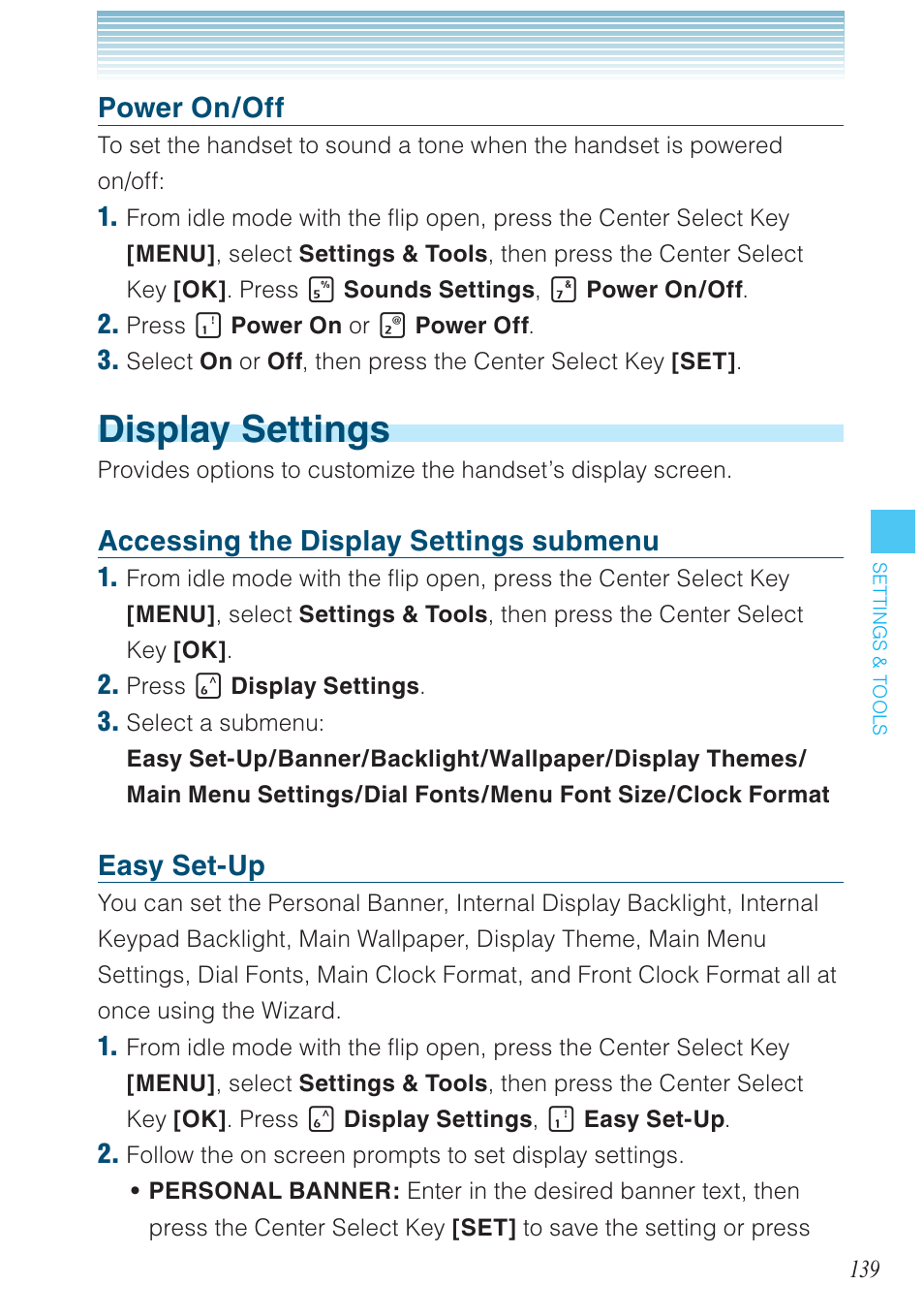 Display settings, Power on/off, Accessing the display settings submenu | Easy set-up | Casio G'zOne Brigade User Manual | Page 140 / 208