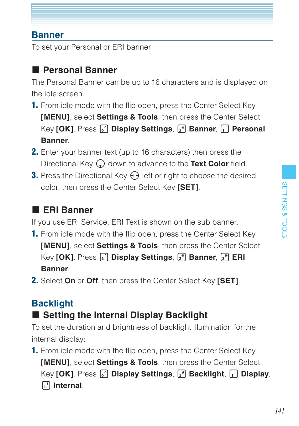 Banner, Personal banner, Eri banner | Backlight setting the internal display backlight | Casio G'zOne Brigade User Manual | Page 142 / 208