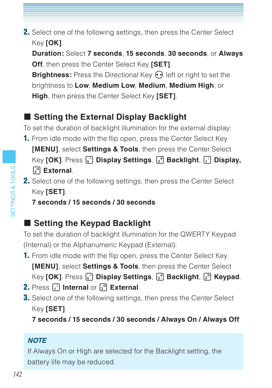 Setting the external display backlight, Setting the keypad backlight | Casio G'zOne Brigade User Manual | Page 143 / 208
