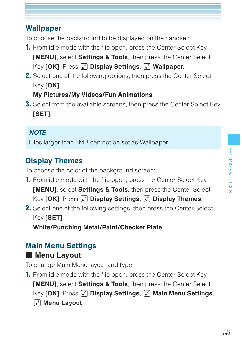 Wallpaper, Display themes, Main menu settings menu layout | Casio G'zOne Brigade User Manual | Page 144 / 208