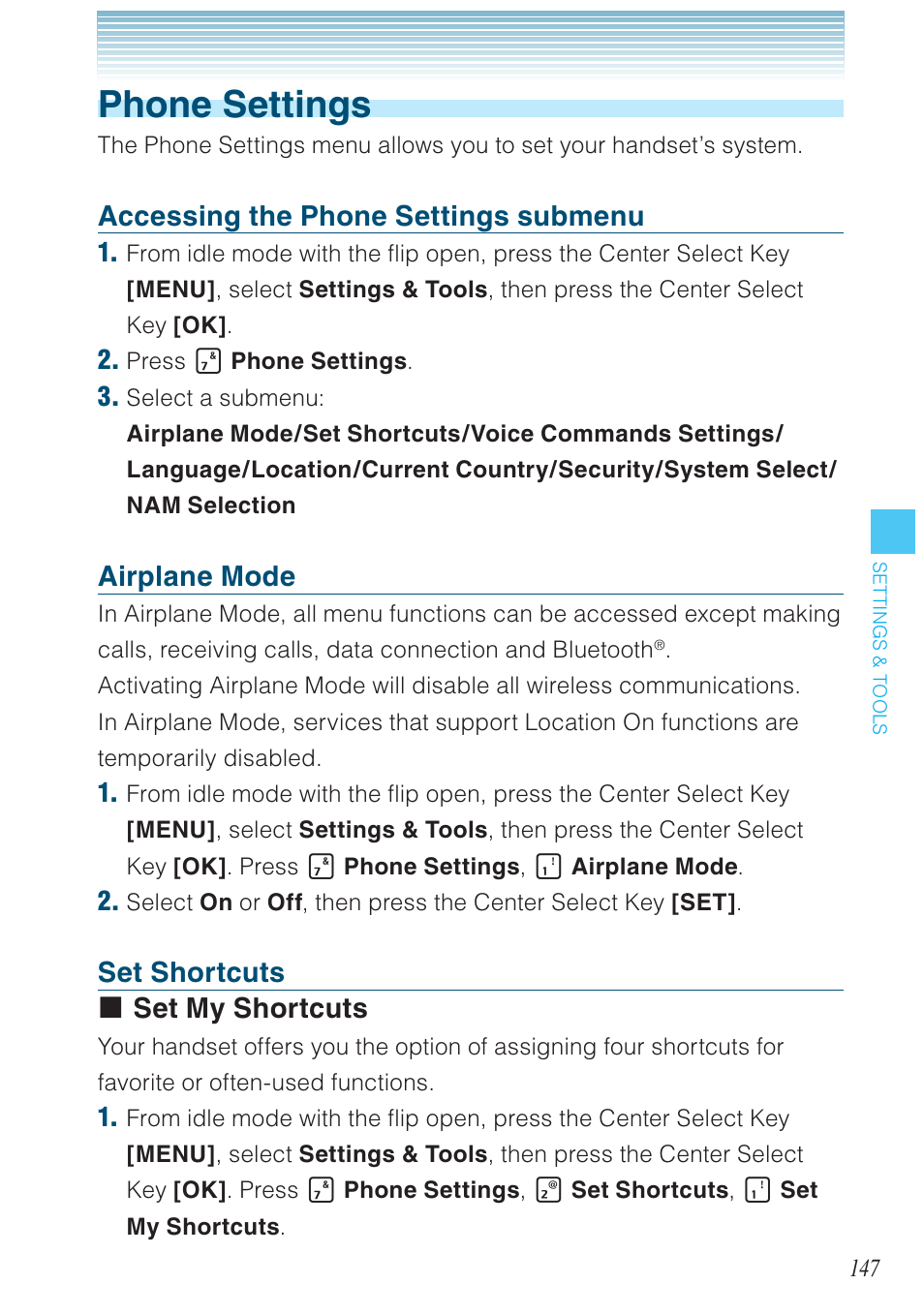 Phone settings, Accessing the phone settings submenu, Airplane mode | Set shortcuts set my shortcuts | Casio G'zOne Brigade User Manual | Page 148 / 208