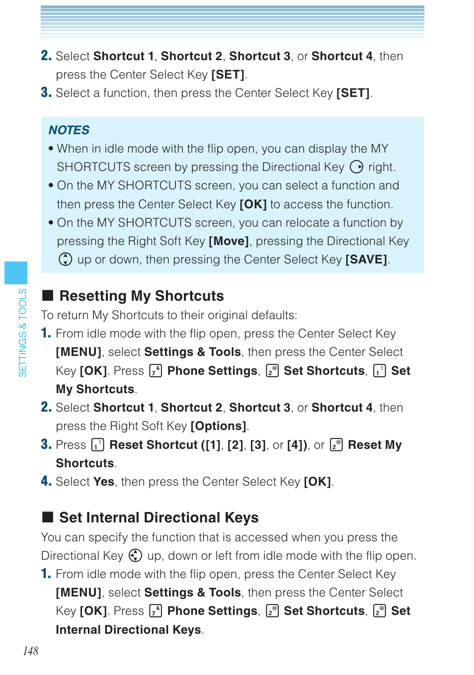 Resetting my shortcuts, Set internal directional keys | Casio G'zOne Brigade User Manual | Page 149 / 208