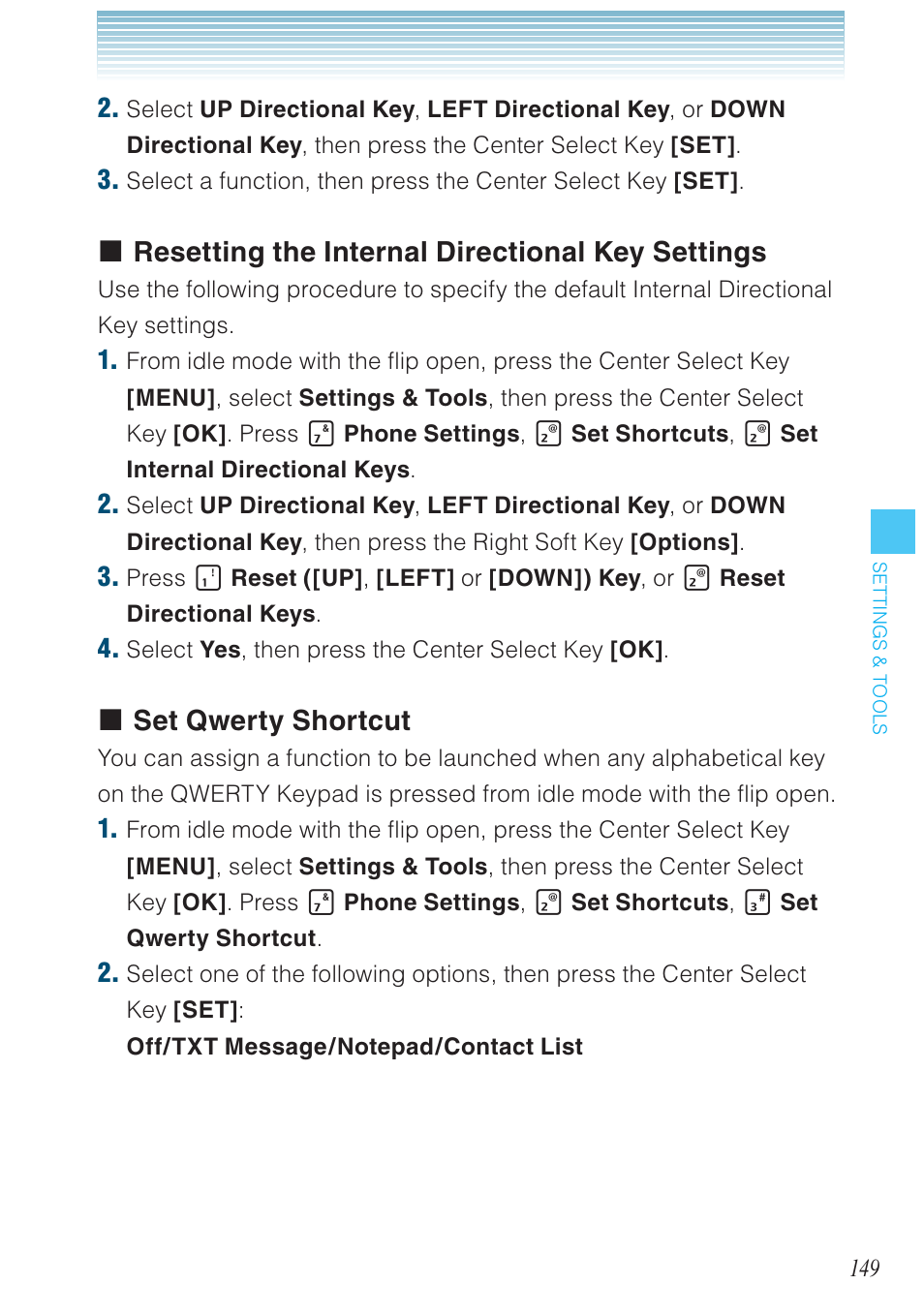 Resetting the internal directional key settings, Set qwerty shortcut | Casio G'zOne Brigade User Manual | Page 150 / 208