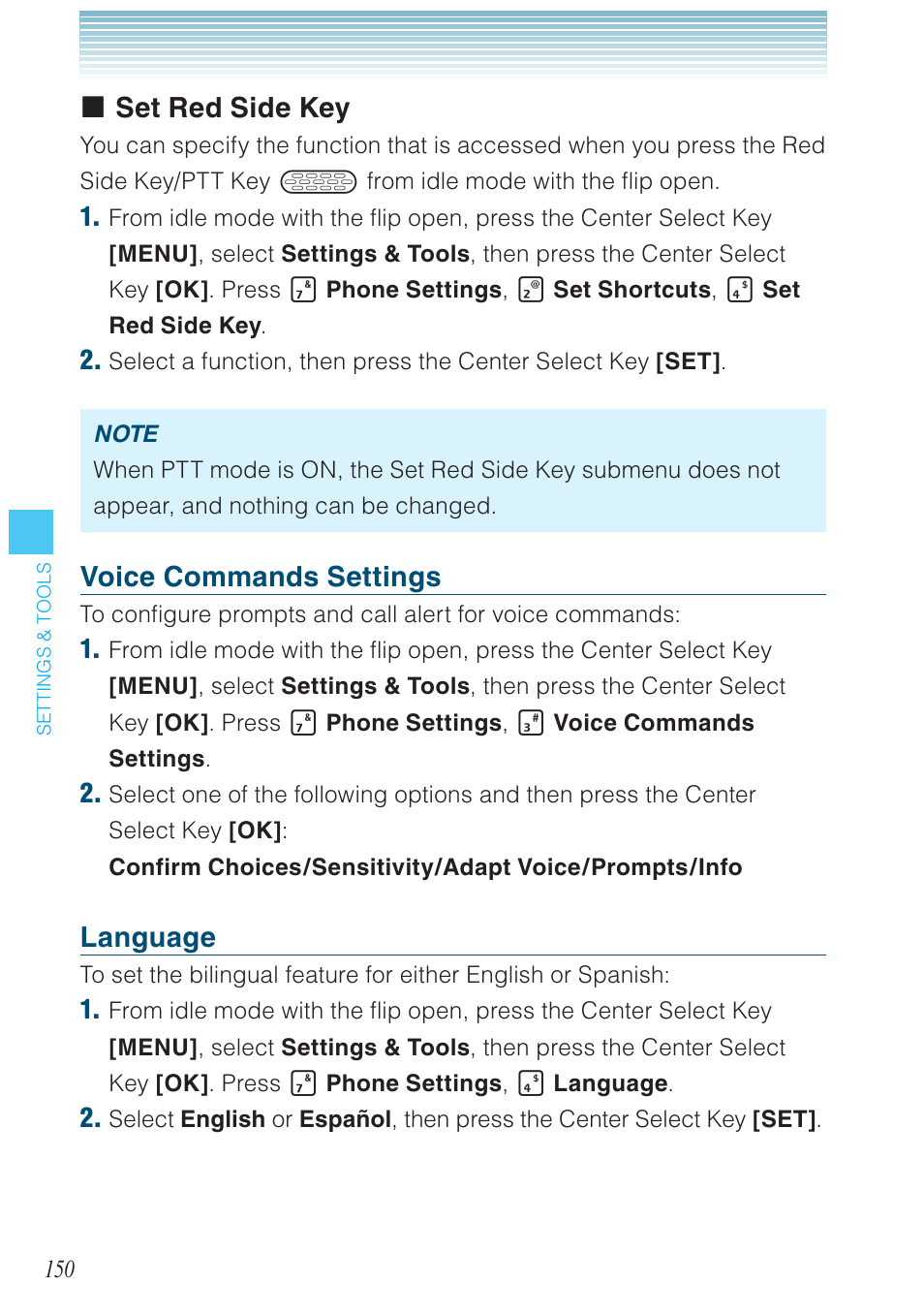 Set red side key, Voice commands settings, Language | Casio G'zOne Brigade User Manual | Page 151 / 208
