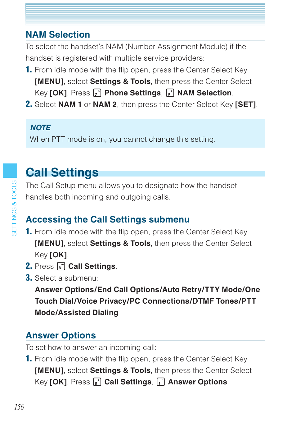 Call settings, Nam selection, Accessing the call settings submenu | Answer options | Casio G'zOne Brigade User Manual | Page 157 / 208