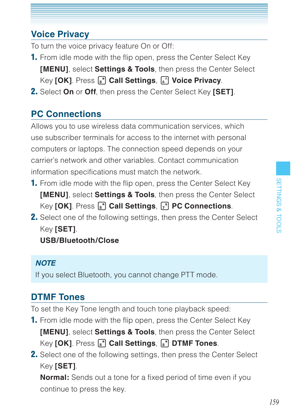 Voice privacy, Pc connections, Dtmf tones | Casio G'zOne Brigade User Manual | Page 160 / 208