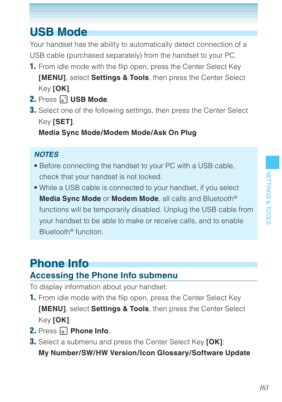 Usb mode, Phone info, Accessing the phone info submenu | Casio G'zOne Brigade User Manual | Page 164 / 208