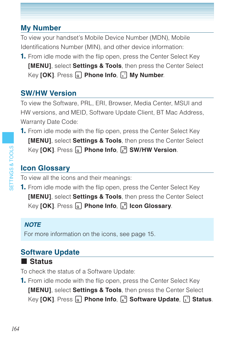 My number, Sw/hw version, Icon glossary | Software update status | Casio G'zOne Brigade User Manual | Page 165 / 208