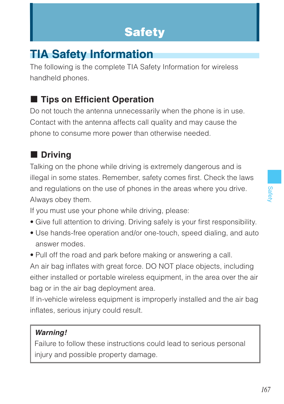 Tia safety information, Safety, Tips on efficient operation | Driving | Casio G'zOne Brigade User Manual | Page 168 / 208