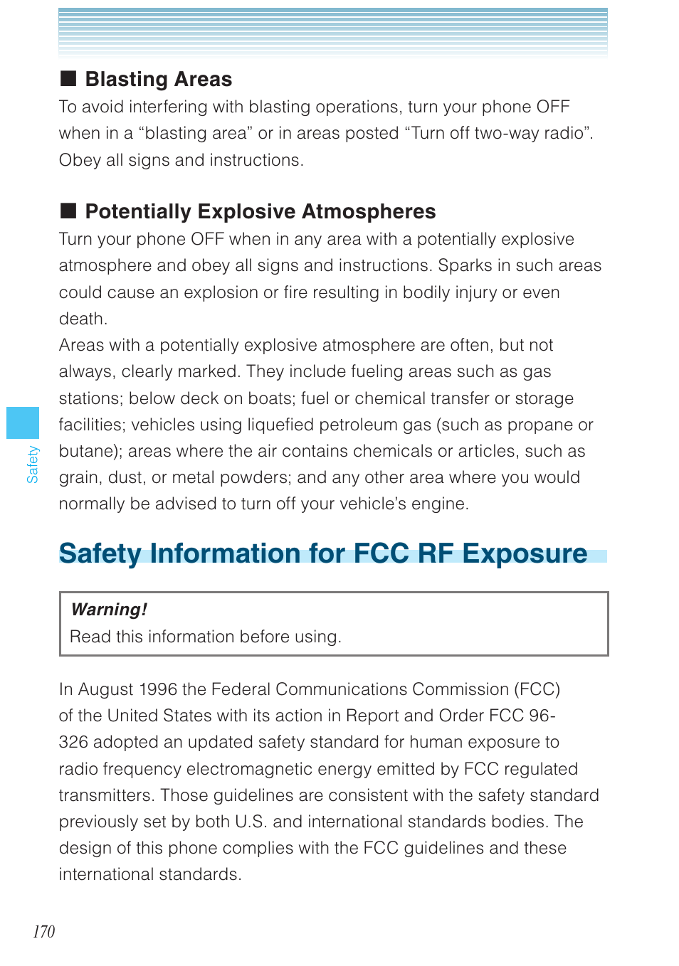 Safety information for fcc rf exposure, Blasting areas, Potentially explosive atmospheres | Casio G'zOne Brigade User Manual | Page 171 / 208