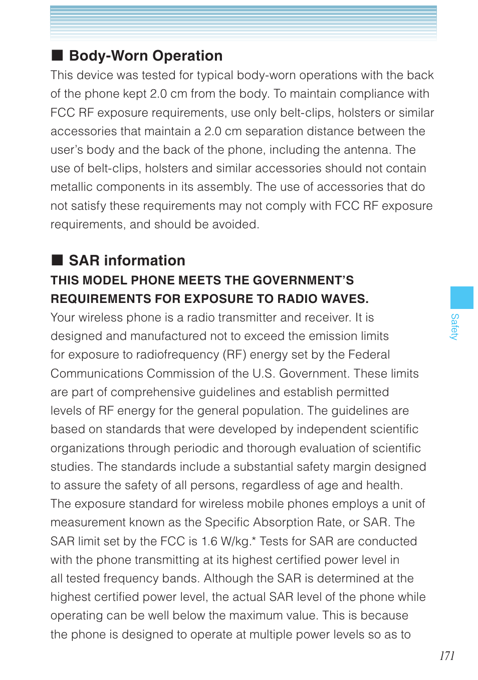 Body-worn operation, Sar information | Casio G'zOne Brigade User Manual | Page 172 / 208