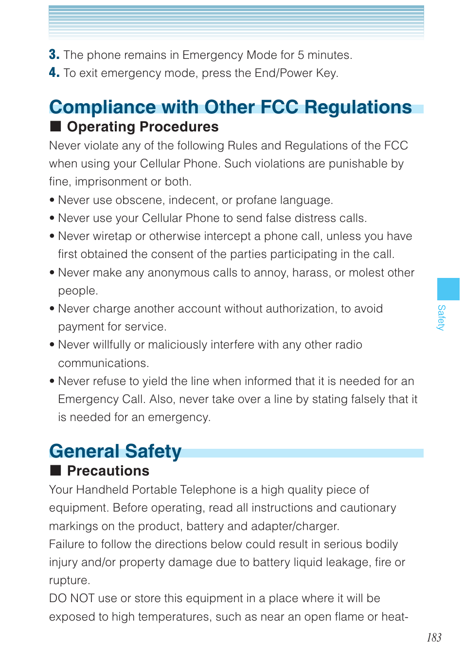 Compliance with other fcc regulations, General safety, Operating procedures | Precautions | Casio G'zOne Brigade User Manual | Page 184 / 208