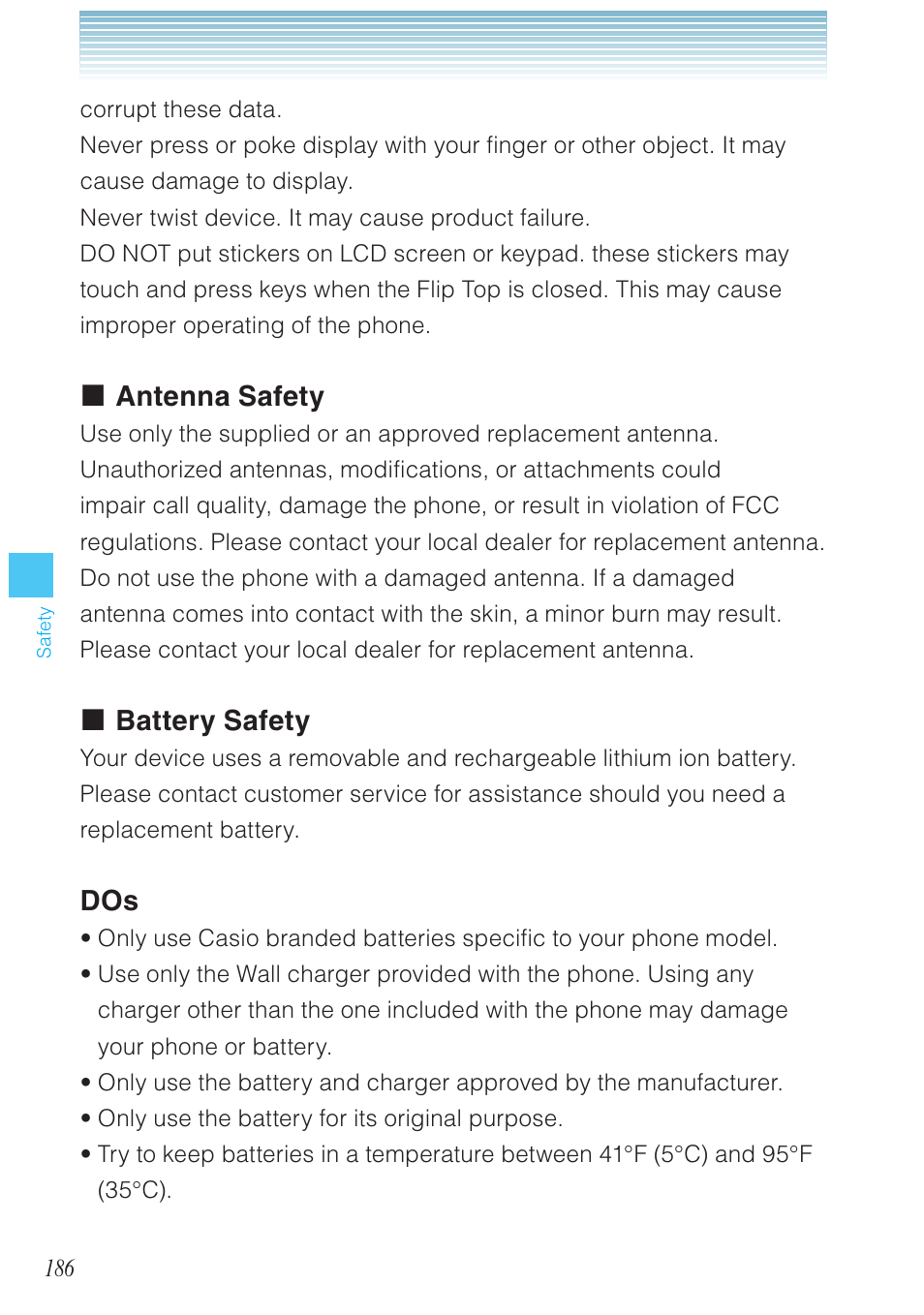 Antenna safety, Battery safety | Casio G'zOne Brigade User Manual | Page 187 / 208
