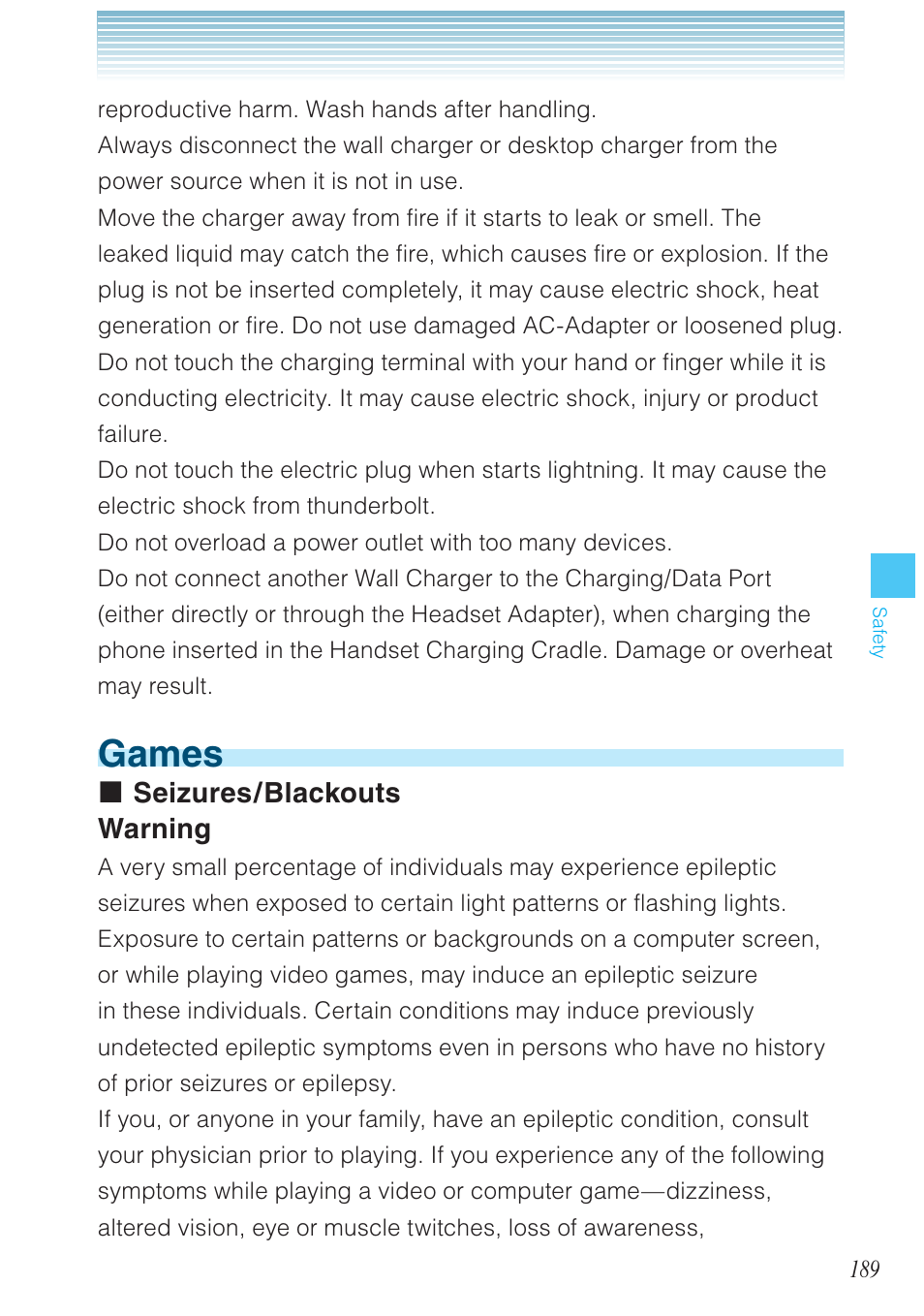 Games, Seizures/blackouts warning | Casio G'zOne Brigade User Manual | Page 190 / 208