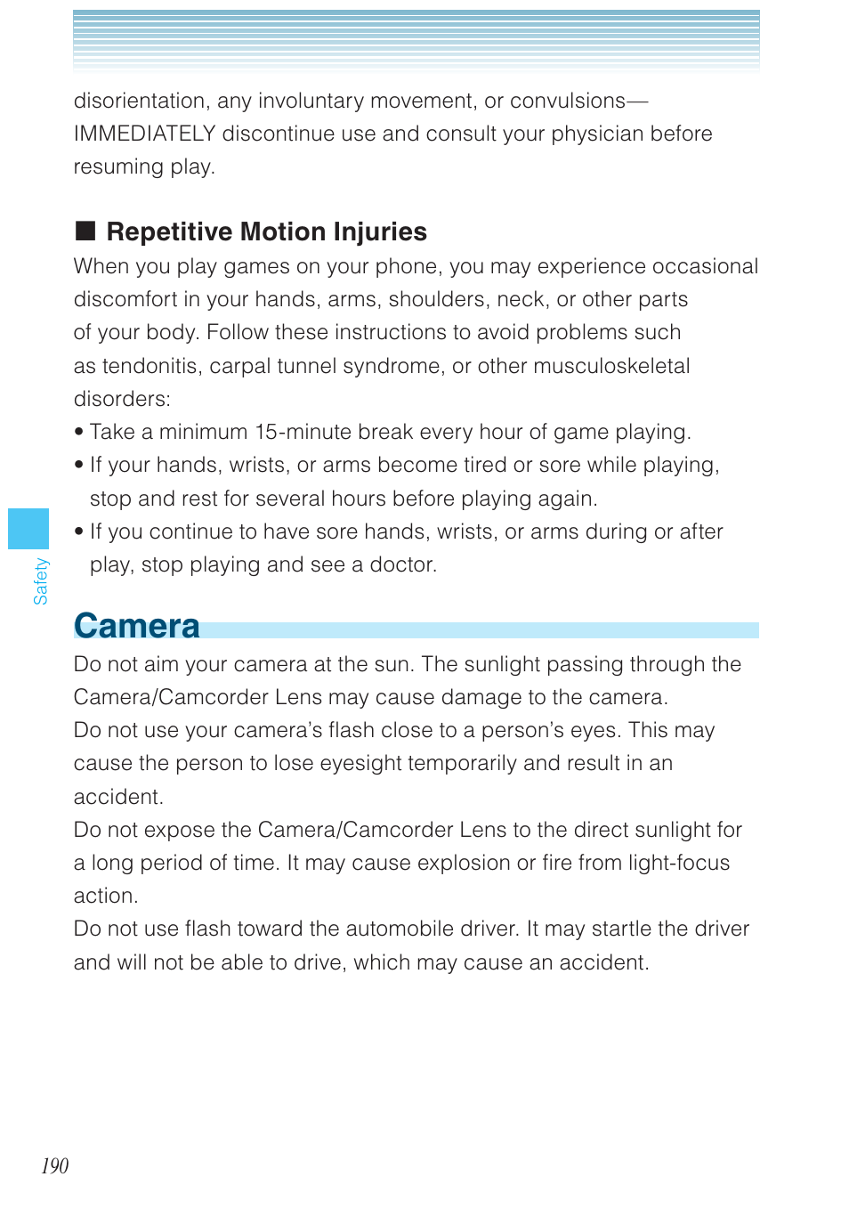Camera, Repetitive motion injuries | Casio G'zOne Brigade User Manual | Page 191 / 208