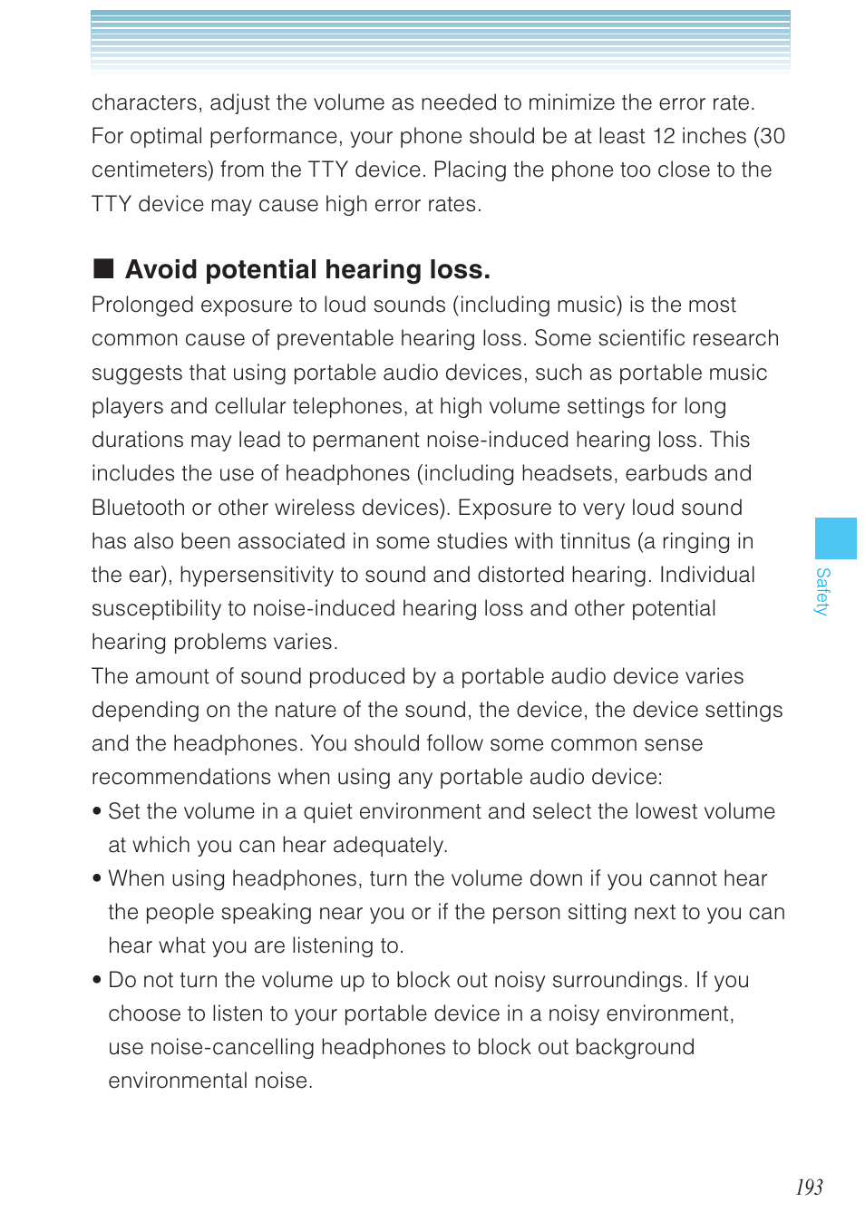 Avoid potential hearing loss | Casio G'zOne Brigade User Manual | Page 194 / 208