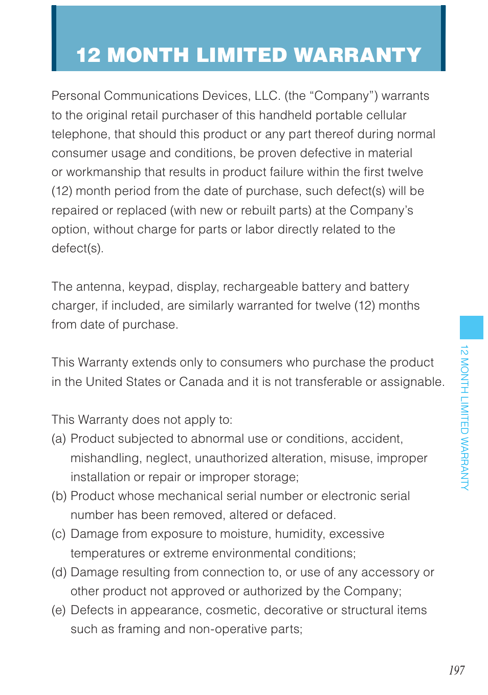 12 month limited warranty | Casio G'zOne Brigade User Manual | Page 198 / 208