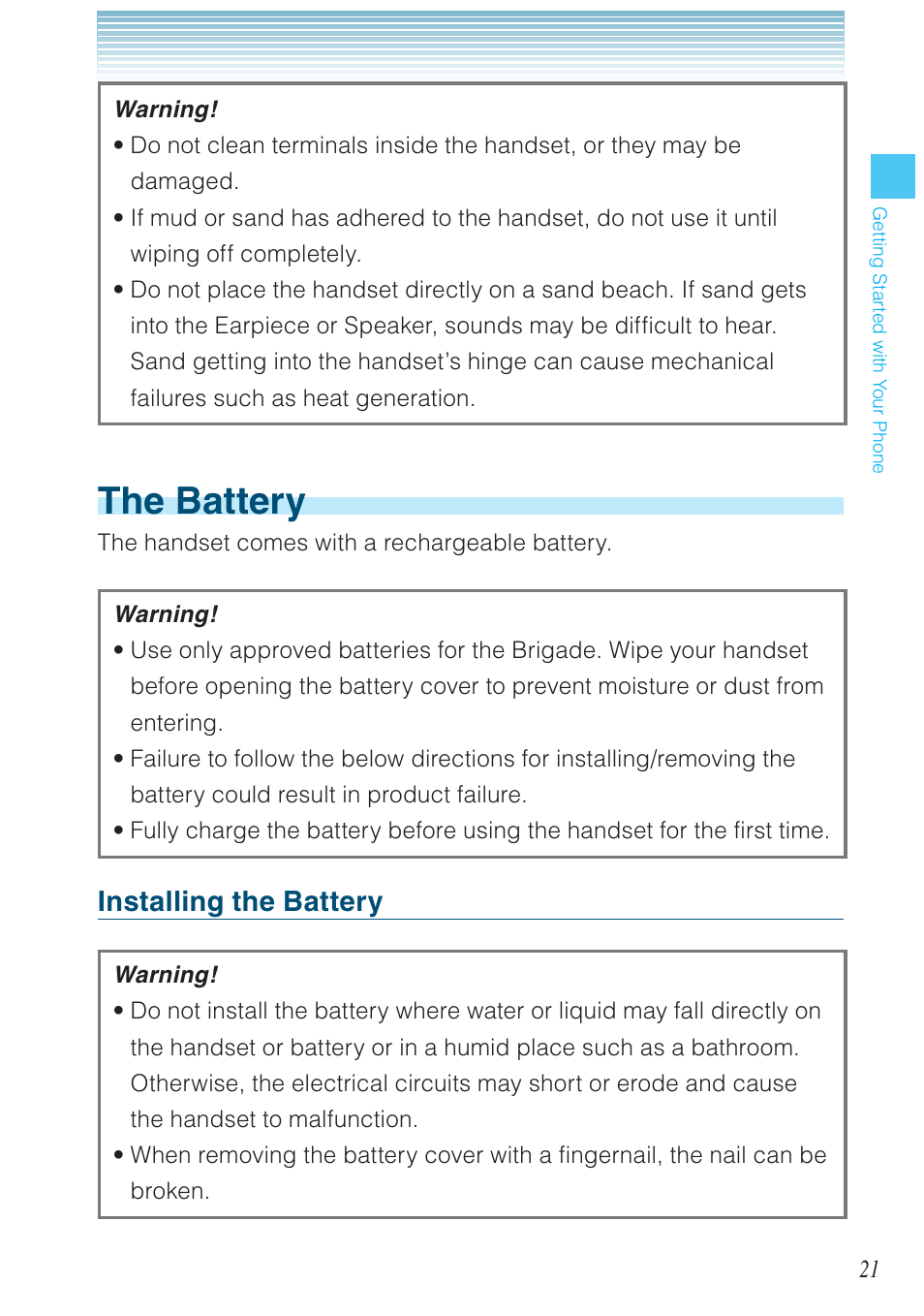 The battery, Installing the battery | Casio G'zOne Brigade User Manual | Page 22 / 208