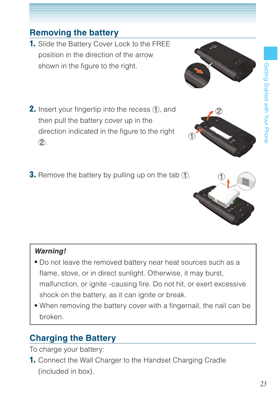 Removing the battery, Charging the battery | Casio G'zOne Brigade User Manual | Page 24 / 208