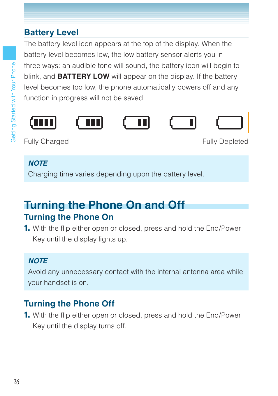 Turning the phone on and off, Battery level, Turning the phone on | Turning the phone off | Casio G'zOne Brigade User Manual | Page 27 / 208