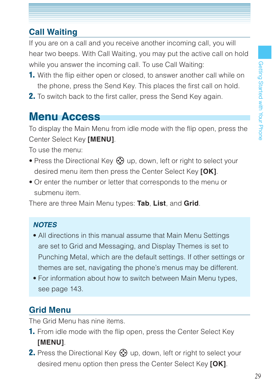 Menu access, Call waiting, Grid menu | Casio G'zOne Brigade User Manual | Page 30 / 208