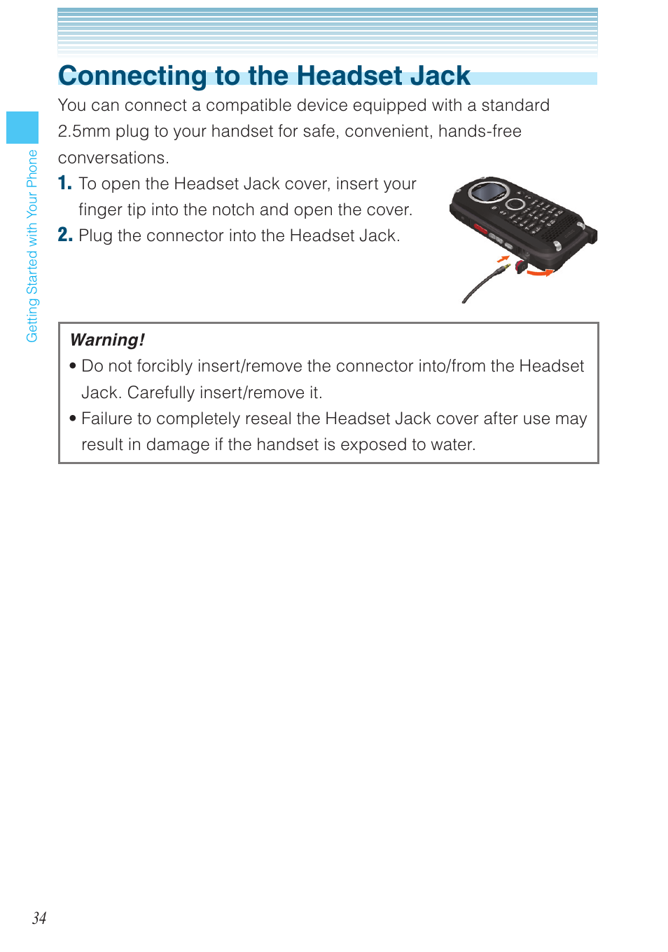 Connecting to the headset jack | Casio G'zOne Brigade User Manual | Page 35 / 208