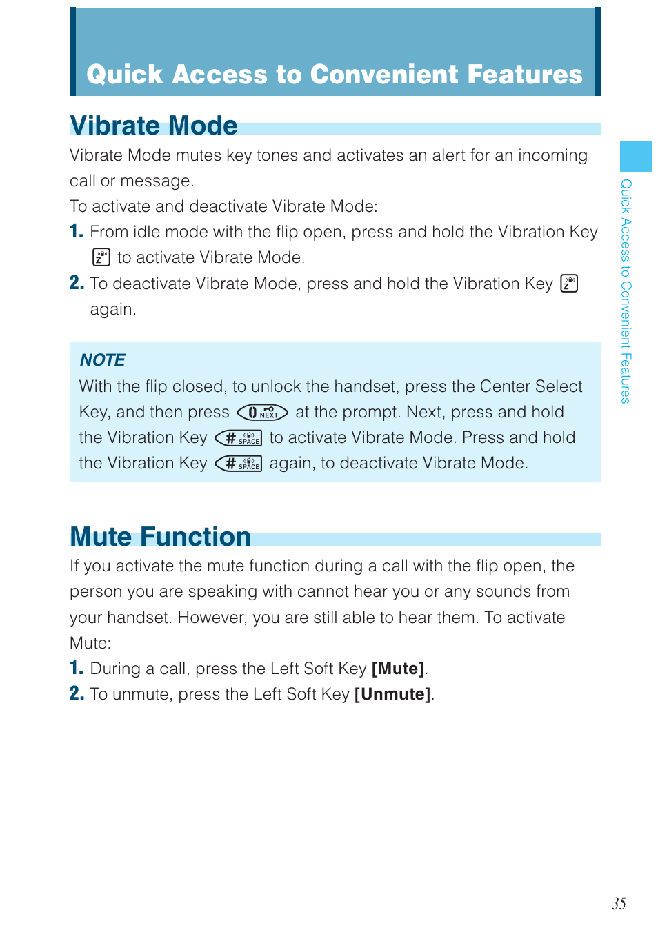 Vibrate mode, Mute function, Quick access to convenient features | Casio G'zOne Brigade User Manual | Page 36 / 208