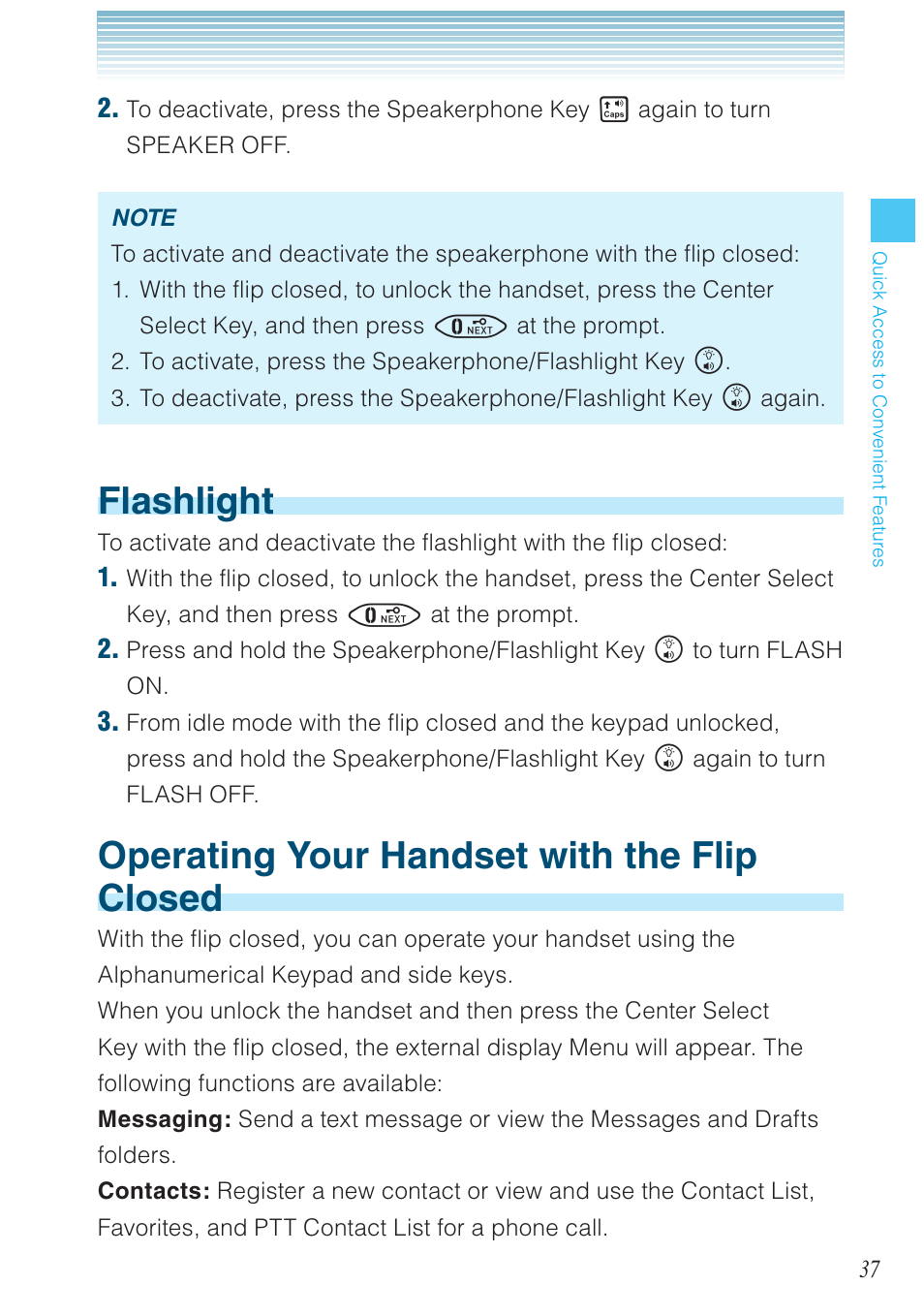 Flashlight, Operating your handset with the flip closed | Casio G'zOne Brigade User Manual | Page 38 / 208