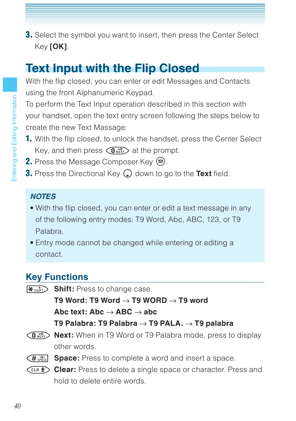 Text input with the flip closed, Key functions | Casio G'zOne Brigade User Manual | Page 41 / 208