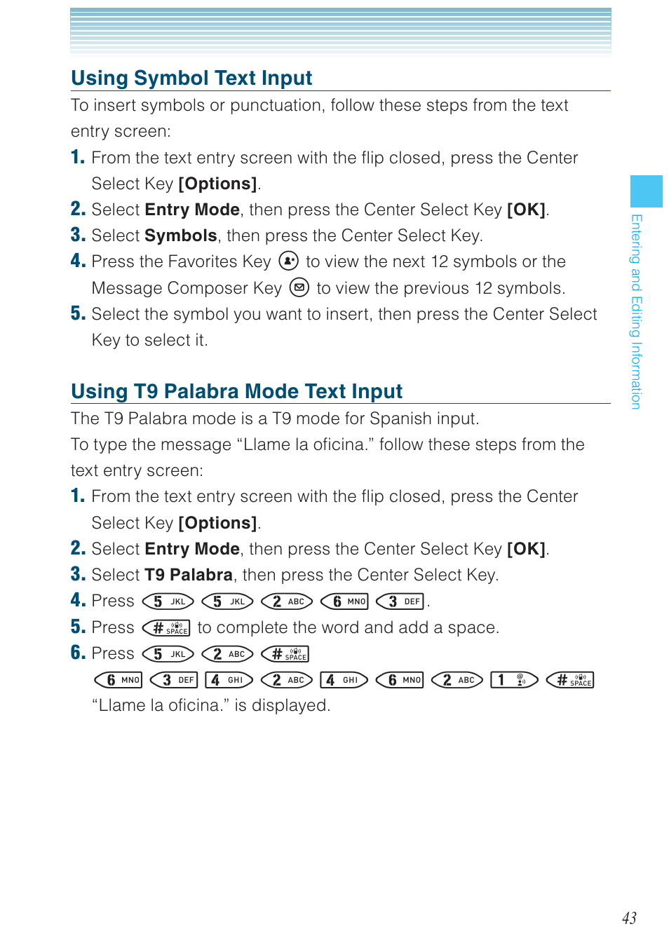 Using symbol text input, Using t9 palabra mode text input | Casio G'zOne Brigade User Manual | Page 44 / 208